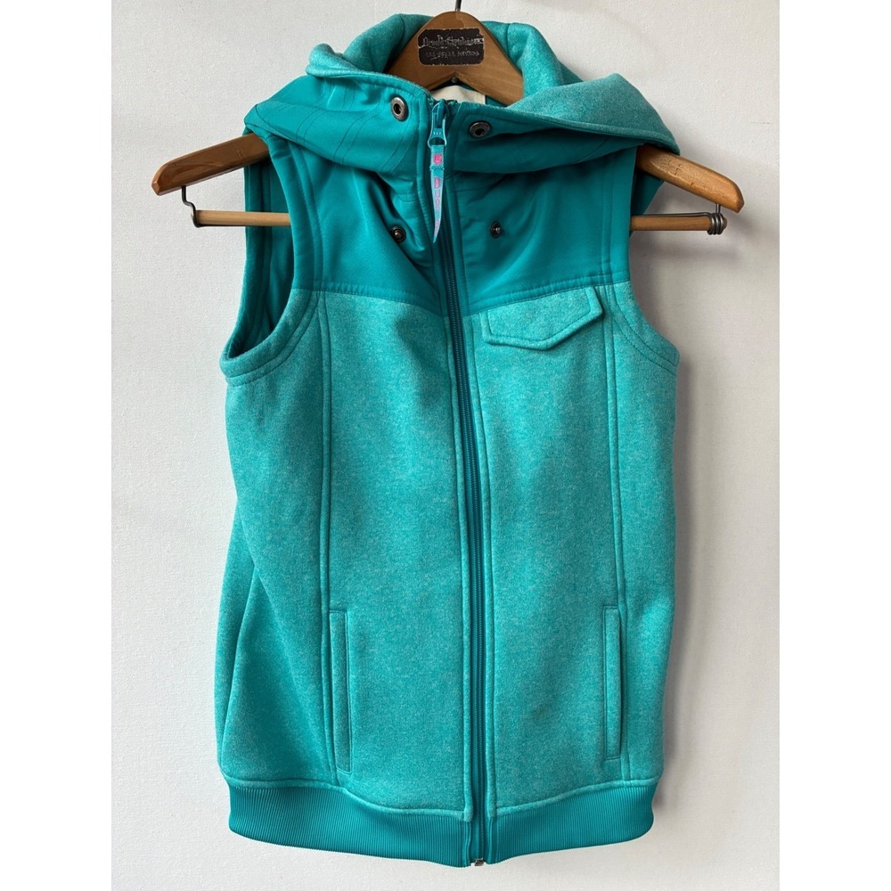 Burton Dryride Teal Heather Hooded Fleece Vest Full Zip Scuba Hood Kids Large